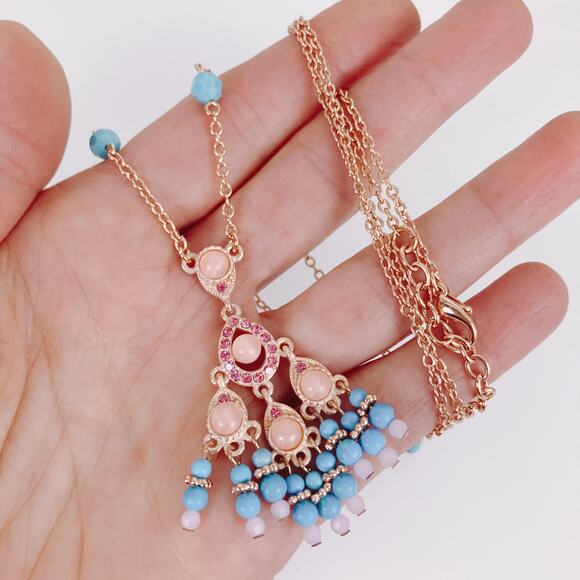 VTG Signed Joan Rivers Chandelier Pendant Necklace Howlite Gemstone Glass Beads - Picture 2 of 12